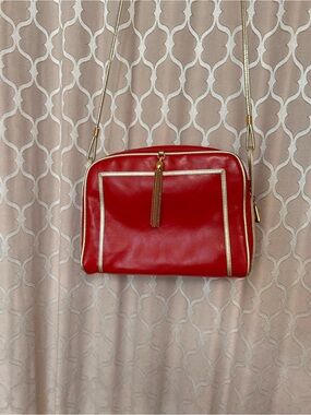 Red Leather Crossbody with Gold Strap, Trim and Tassel